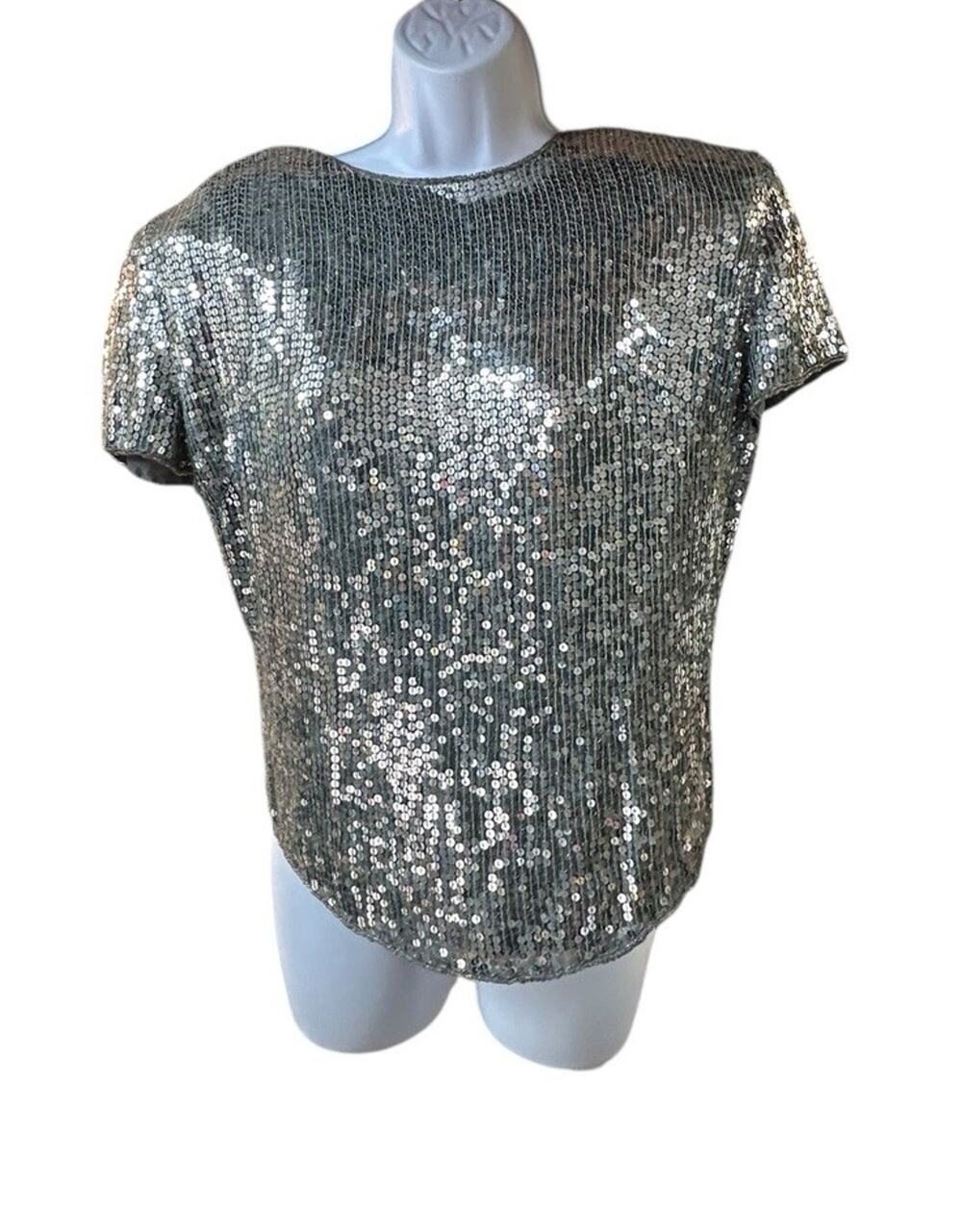 NWT Harrison Morgan Silk Sequin Top Silver Vintage NYE Holiday Party Blouse L